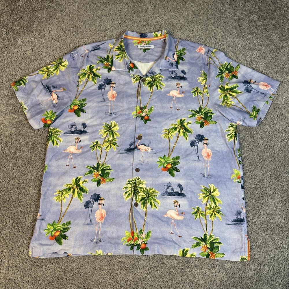 Tommy Bahama Shirt Mens XL Blue Short Sleeve Button Up Silk Flamingo Relaxed